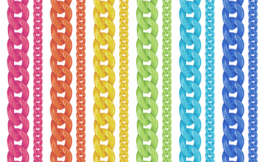 Plasctic chains vector illustration isolated on white background, colorful modern bijouterie design, rainbow colors plastic chains, red yellow, blue green jewelry concept
