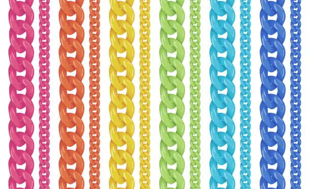 Vector illustration of Plasctic chains vector illustration isolated on white background, colorful modern bijouterie design, rainbow colors plastic chains, red yellow, blue green jewelry concept