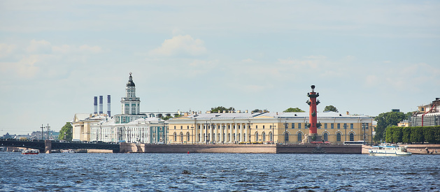 Saint PETERSBURG, Russia - May 27, 2021: Rostral columns on the spit of Vasilievsky Island