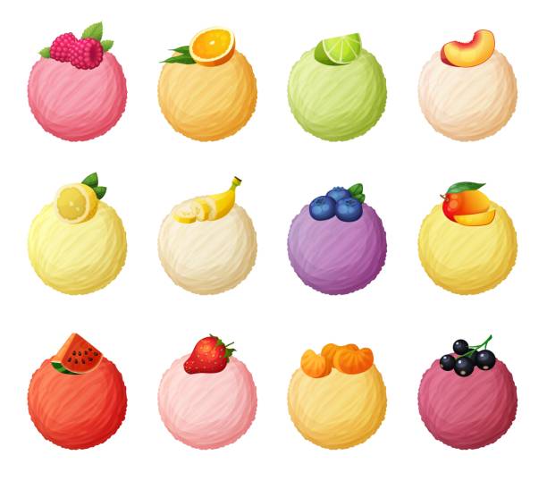 illustrazioni stock, clip art, cartoni animati e icone di tendenza di set di icone vettoriali di palline di gelato di gusti di frutta isolate su sfondo bianco, illustrazioni di cartoni animati della collezione di palline di gelato, fragola, lampone, banana, arancia, pesca, limone, mirtillo, anguria, lime - peach fruit portion orange