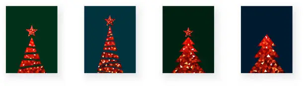 Vector illustration of Red polygonal Christmas tree symbols. Merry Christmas and Happy New Year Set of greeting cards