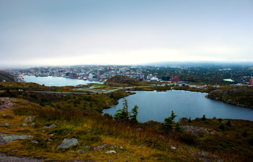 The city of St. John's, Newfoundland, Canada on a cloudy day as seen from the Signal Hill. Photograph made in late September.