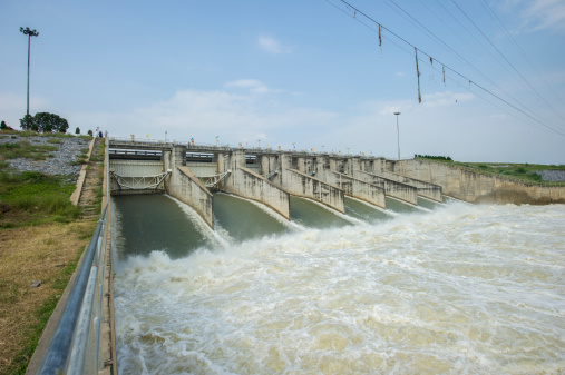 Pa Sak Jolasid Dam, Lopburi,Thailand - Oct 9, 2013: One gate from Pa Sak Jolasid dam open to allow flood waters release. Dam reached 110% of it's capacity.
