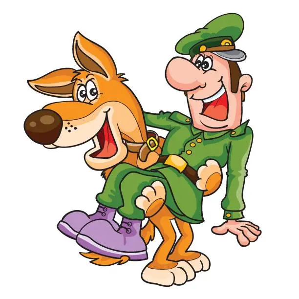 Vector illustration of a large dog holds a drunken soldier on its paws, cartoon, isolated object on a white background, vector illustration,