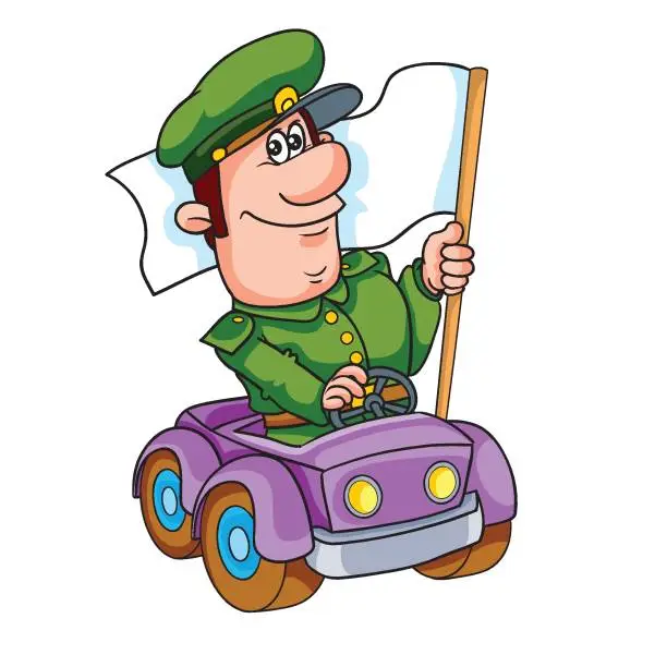 Vector illustration of a military man drives a small car and with a large white flag, cartoon, isolated object on a white background, vector illustration,