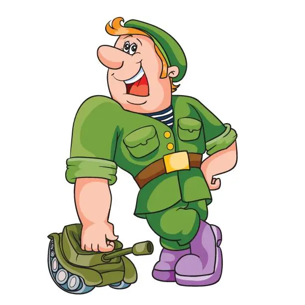 Vector illustration of a large military man leans his hand on a small tank, cartoon, isolated object on a white background, vector illustration,