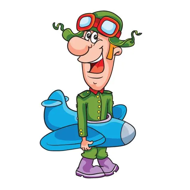 Vector illustration of military pilot put on a small plane, cartoon, isolated object on a white background, vector illustration,