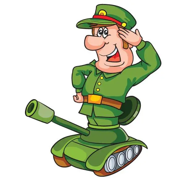 Vector illustration of a large military man sticks out from a small tank, cartoon, isolated object on a white background, vector illustration,