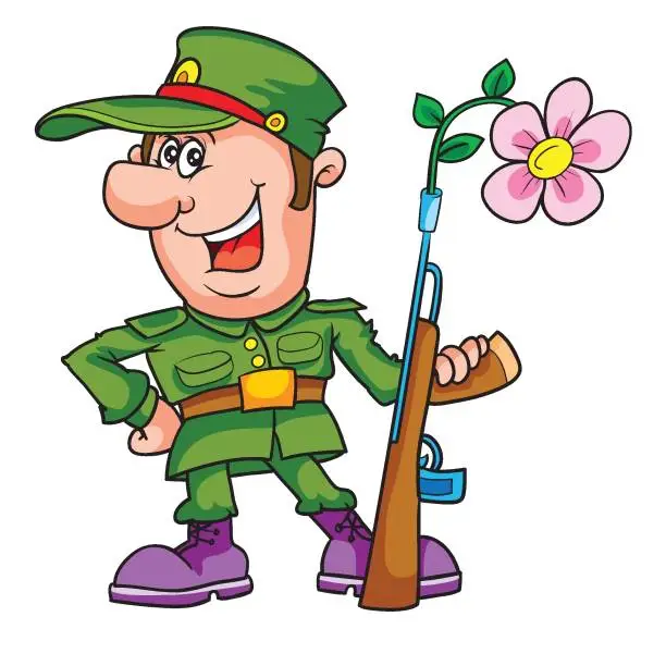 Vector illustration of a military man stands with a gun from the barrel of which a flower sticks out, cartoon, isolated object on a white background, vector illustration,