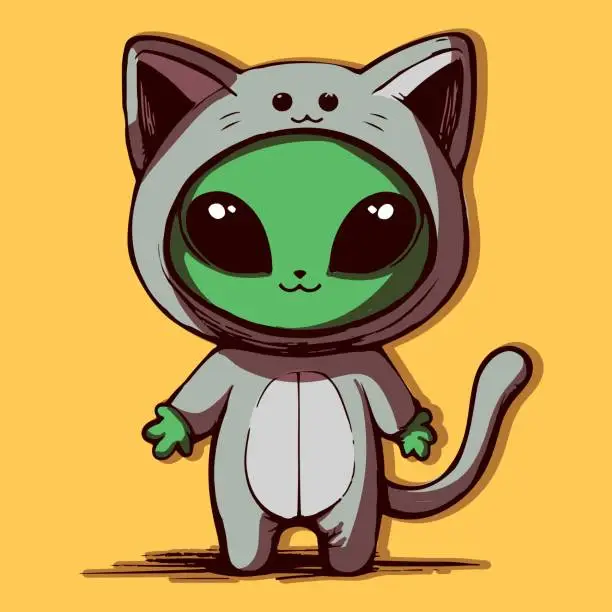 Vector illustration of Cartoon character of an alien wearing a kawaii cat suit. Anthropomorphic animal wearing a costume, Halloween concept.