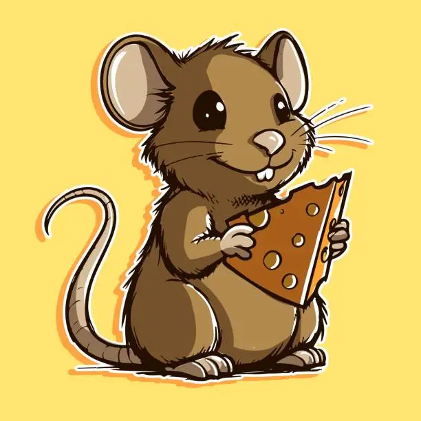 Vector illustration of Cartoon character of a small mouse holding a big slice of cheese. Cute and adorable rat eating dairy products