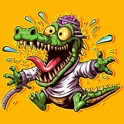 Cartoon art of an insane alligator in a straitjacket with his mouth open and brains. Anthropomorphic crocodile graffiti style escaping from the asylum