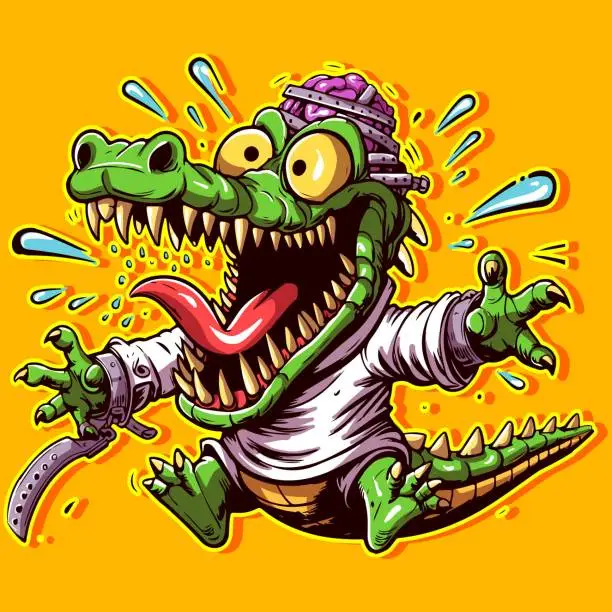 Vector illustration of Cartoon art of an insane alligator in a straitjacket with his mouth open and brains. Anthropomorphic crocodile graffiti style escaping from the asylum