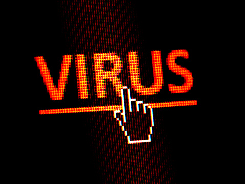 Virus written on a computer screen, computer security
