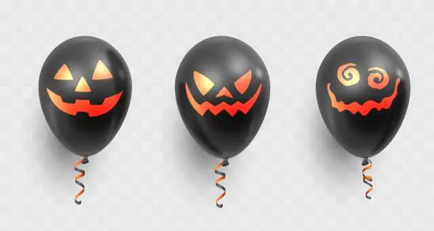 Vector illustration of Set of three realistic black balloons with red scary faces and ribbons isolated on transparent. Vector illustration for card, Halloween party, design, flyer, poster, banner, web, advertising