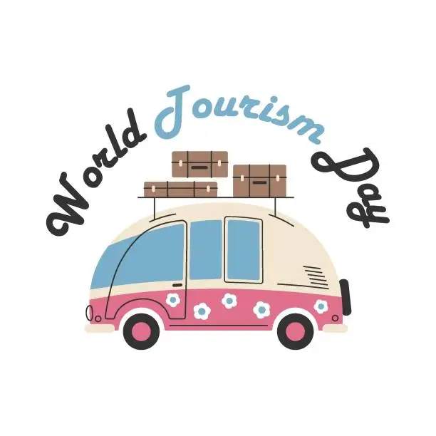 Vector illustration of Retro abstract pink car, family bus with flower, with packages, suitcases, cases on the roof. World Tourism Day. Vector illustration for postcard, banner, web, design, arts, travel