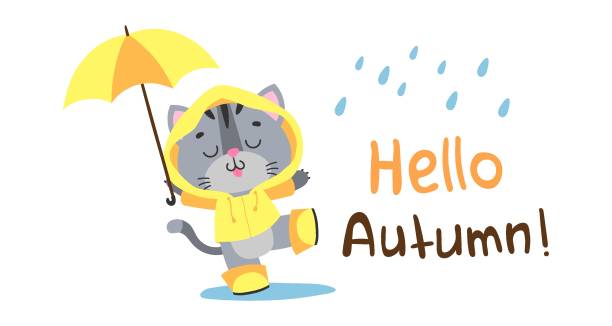 귀여운 회색 고양이, 새끼 고양이, 노란색 비옷, 코트, 부츠에 우산을 쓴 고양이가 텍스트 hello autumn과 함께 빗속에서 춤을 추고 있습니다! 흰색에 절연되어 있습니다. 엽서, 배너, 웹, 디자인, 예� - young animal characters clothing coat stock illustrations