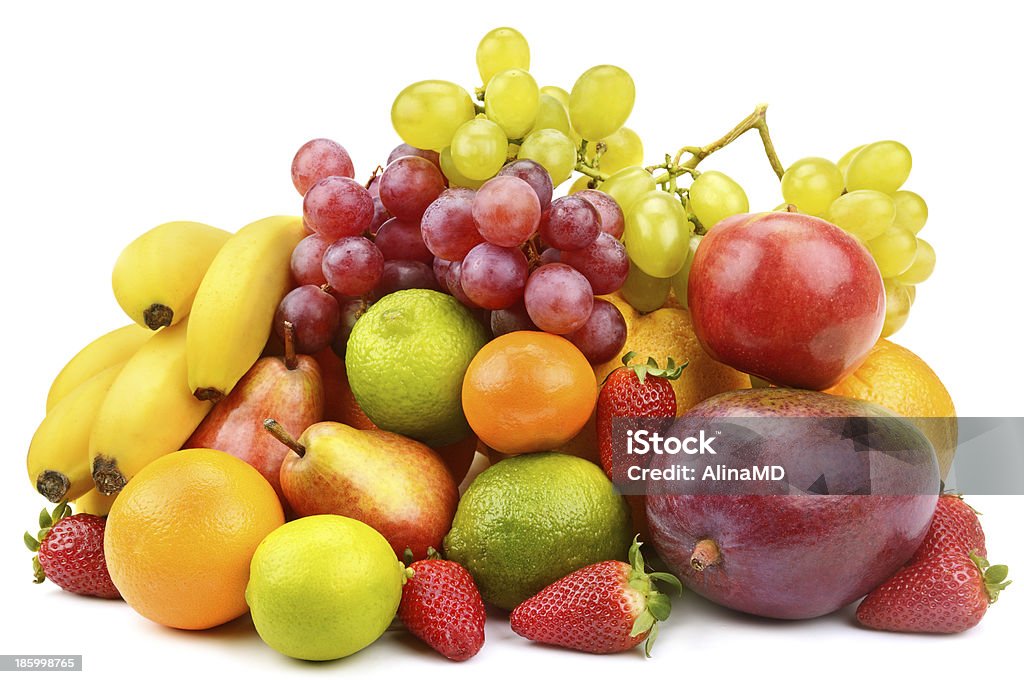 Conjunto de frutas no fundo branco - Foto de stock de Maçã royalty-free