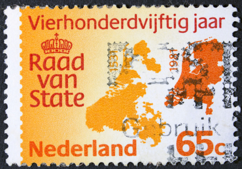 A stamp printed in the Netherlands shows image of Vierhonderdvijftig jaar, Raad van State (Country Map), circa 1982