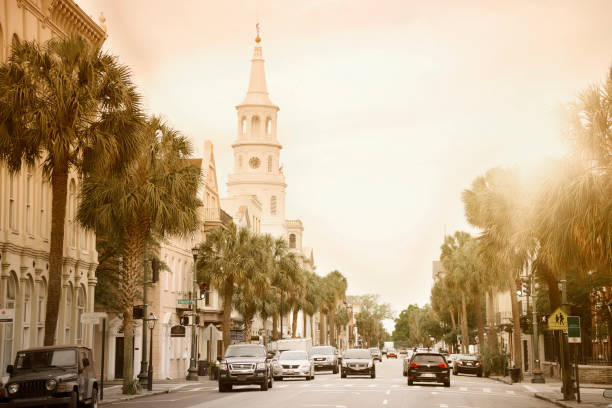 Charleston, South Carolina, USA - July 2, 2025: Backstage entrance of Dock Street Theatre in historic Charleston, South Carolina, with shutters and palm tree.