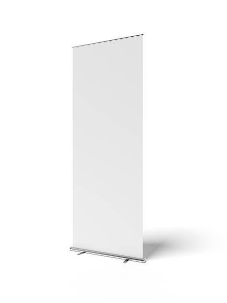 Blank white roll-up banner on white background Blank roll-up banner  isolated on white background roll up banner photos stock pictures, royalty-free photos & images
