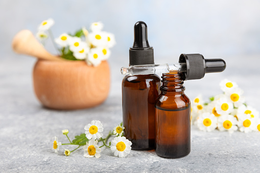 Glass bottle with chamomile essential oil on wooden background. Chamomile flowers, close up. Aromatherapy, spa and herbal medicine ingredients. Beauty concept.Copy space. Natural cosmetic