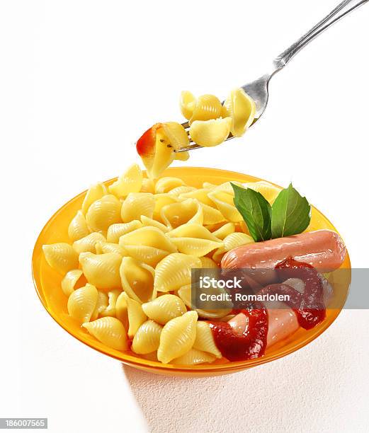 Baked Macaroni Shells With Sausages Fork Stock Photo - Download Image Now - Carbohydrate - Food Type, Close-up, Comfort Food