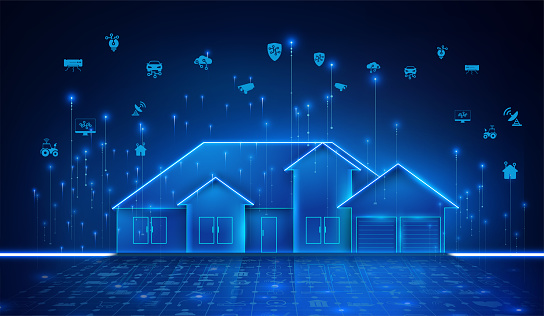 Smart home technology. Building IOT banner. Concept of System intelligent control house on blue neon background. Vector illustration