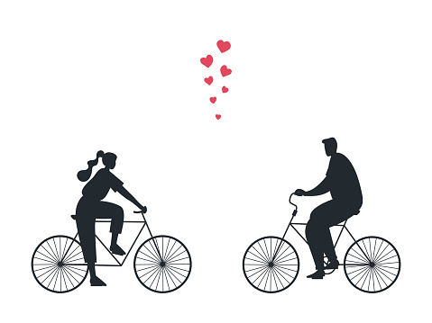 Valentine's day illustration. Black silhouettes of young man and young woman with red hearts. Guy and girl ride bicycles towards each other. Vector