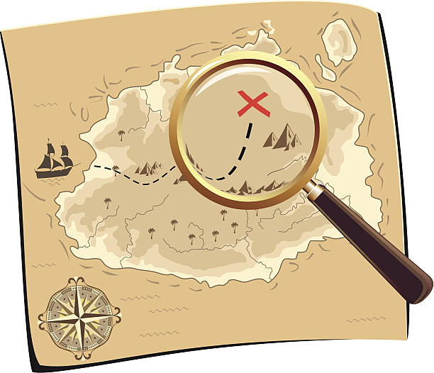 пиратская карта сокровищ - focus globe magnifying glass glass stock illustrations