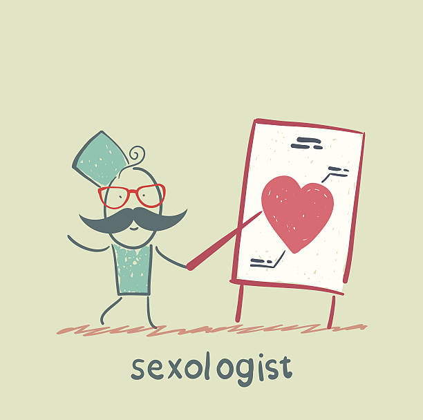 Sexologist talks presentation and shows a painted heart vector art illustration