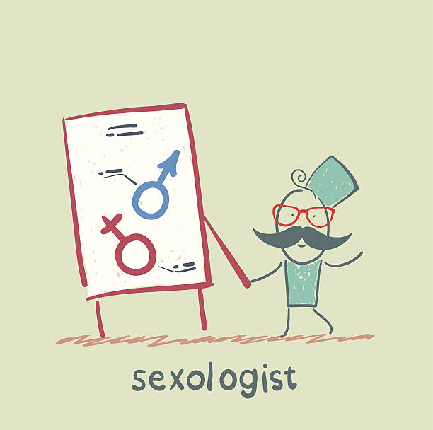 Sexologist holding signs, male and female vector art illustration