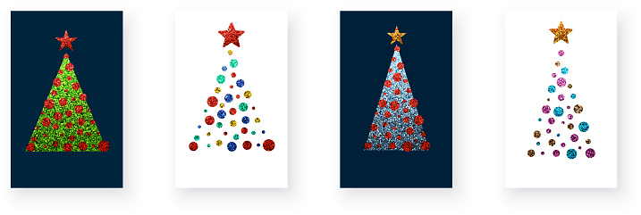 Colorful textured Christmas trees with glittering effect. Merry Christmas and Happy New Year Set of greeting cards, posters, symbols. Vector illustration