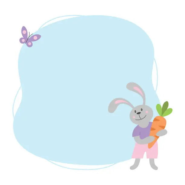 Vector illustration of Easter card or frame template for kids with cute bunny, carrot and butterfly. Perfect for invitations, school, baby shower or birthday party.