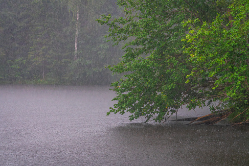 Lake water surface in heavy rain