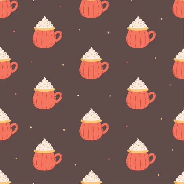 Vector illustration of Hot creamy drink in pumpkin mug seamless pattern. Autumn aesthetic. Vector illustration in flat style