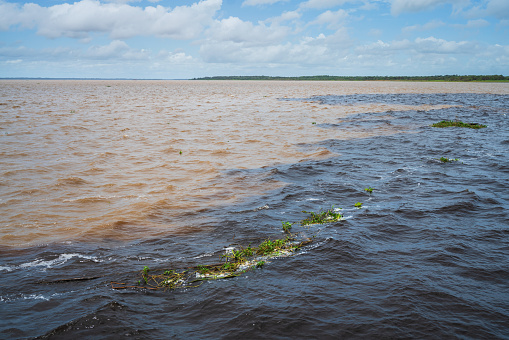 Meeting of the waters of the Rio Negro and Rio Solimoes Rivers in front of Manaus port in Brazil