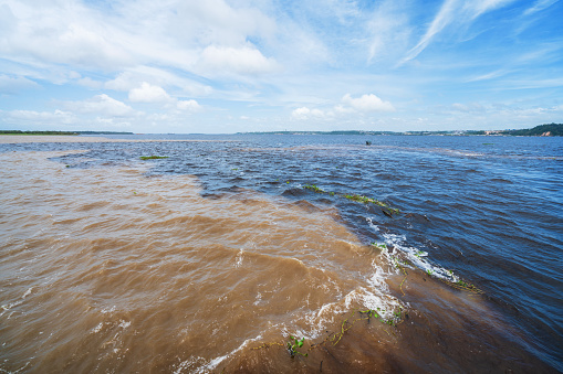 Meeting of the waters of the Rio Negro and Rio Solimoes Rivers in front of Manaus port in Brazil