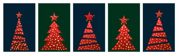 Vector illustration of Red Christmas tree symbols with glowing lights. Merry Christmas and Happy New Year Set of greeting cards