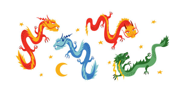 istock Set of asian dragons, moon and stars 1860198740