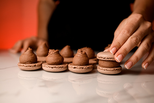 SEVERAL MORE IN THIS SERIES. Mini chocolate cake covered with warm chocolate fudge sauce.  Very shallow DOF.