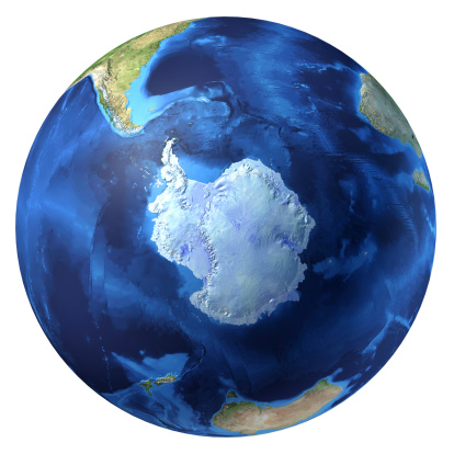 Earth globe, realistic 3D rendering. Antarctic (south pole) view. At white background.