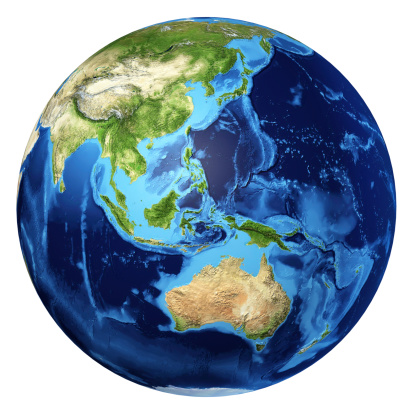 Earth globe, realistic 3D rendering. Oceania view. At white background.
