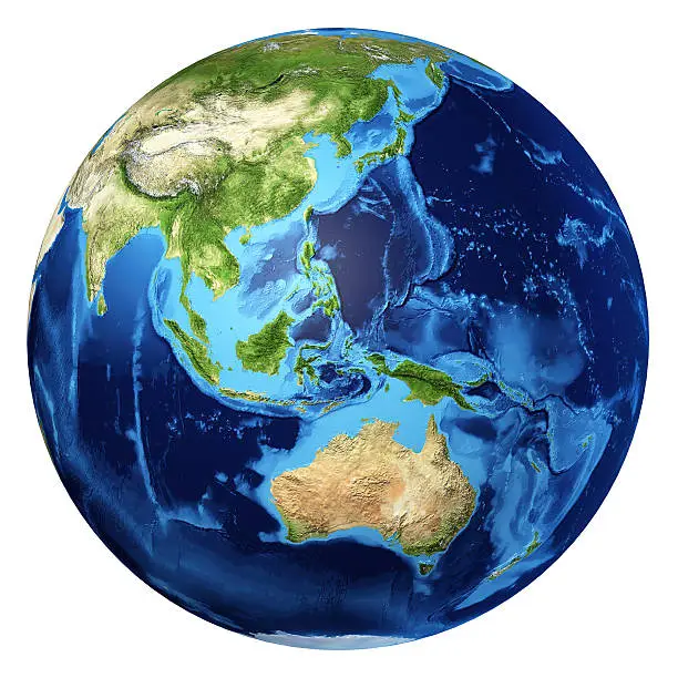 Photo of Earth globe realistic 3D rendering. Oceania view. At white background.