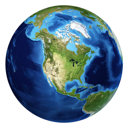 Earth globe, realistic 3D rendering. North America view. At white background.