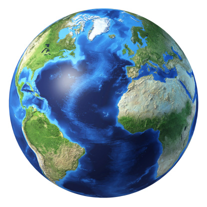 Earth globe, realistic 3D imagen. Vista al océano Atlántico. photo