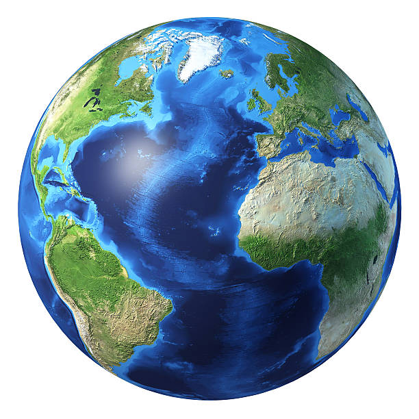 earth globe, realistic 3d rendering. atlantic ocean view. - atlanten bildbanksfoton och bilder