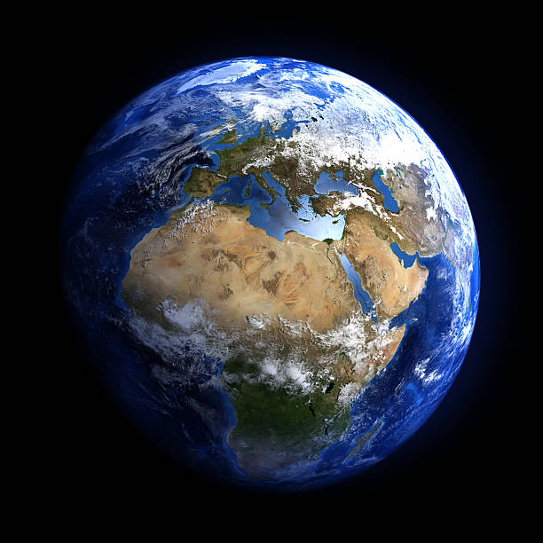 Earth from space showing Europe and Africa. Extremely detailed image, including elements furnished by NASA. Other orientations available. planet earth africa stock pictures, royalty-free photos & images
