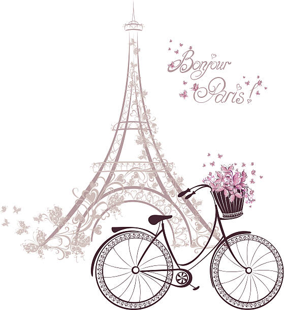 Romantic postcard from Paris. Eiffel tower and bicycle Bonjour Paris text with tower eiffel and bicycle. Romantic postcard from Paris. Vector illustration. cycling bicycle pencil drawing cyclist stock illustrations