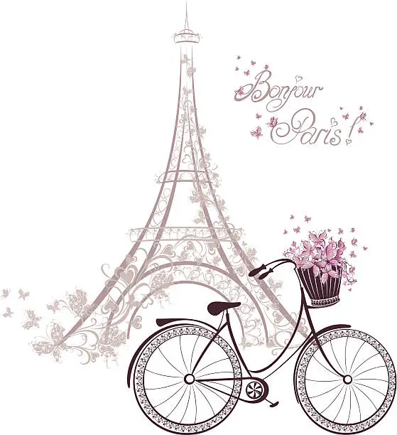 Vector illustration of Romantic postcard from Paris. Eiffel tower and bicycle